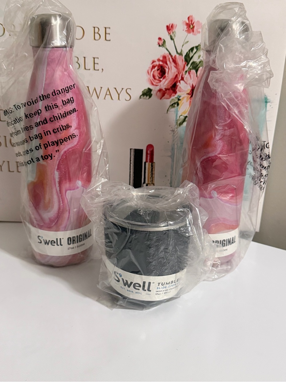 S'well Pink Marble Insulated Bottles and Black Tumbler Set